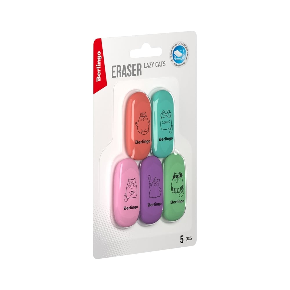 Изображение товара Ластик Berlingo lazy cats 5 шт овальные термопластичная резина аксессуар для школы