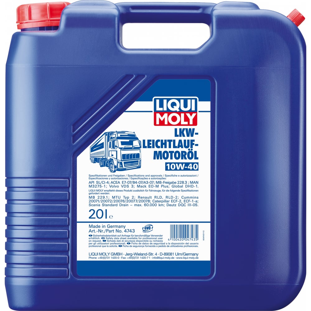 Синтетическое моторное масло LIQUI MOLY 10W40 4743 LKW-Leichtl.Basic 10W-40 SL/CI-4;A3/B3/E5/E7 - фото 1