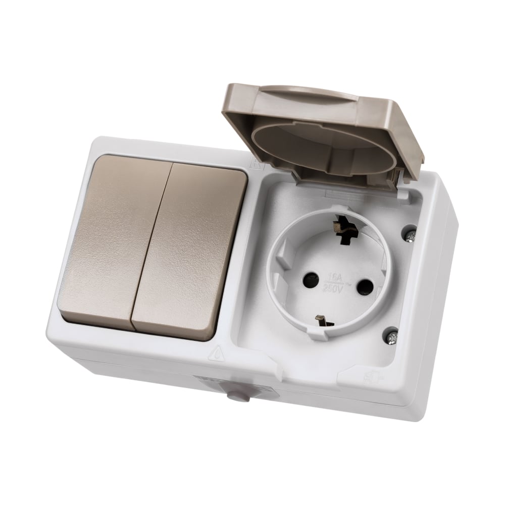 Изображение товара Блок комбинированный TDM ELECTRIC горизонтальный выключатель 2-кл. + розетка 2П+З с з/ш БКВР IP54 "Вуокса" SQ1803-0012