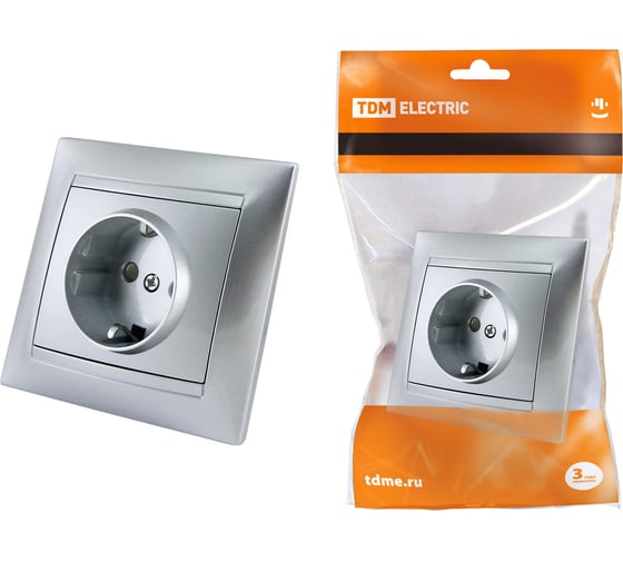 Изображение товара Розетка с защитной шторкой, серебристый металлик 2П+З 16А 250В TDM ELECTRIC Лама SQ1815-0211