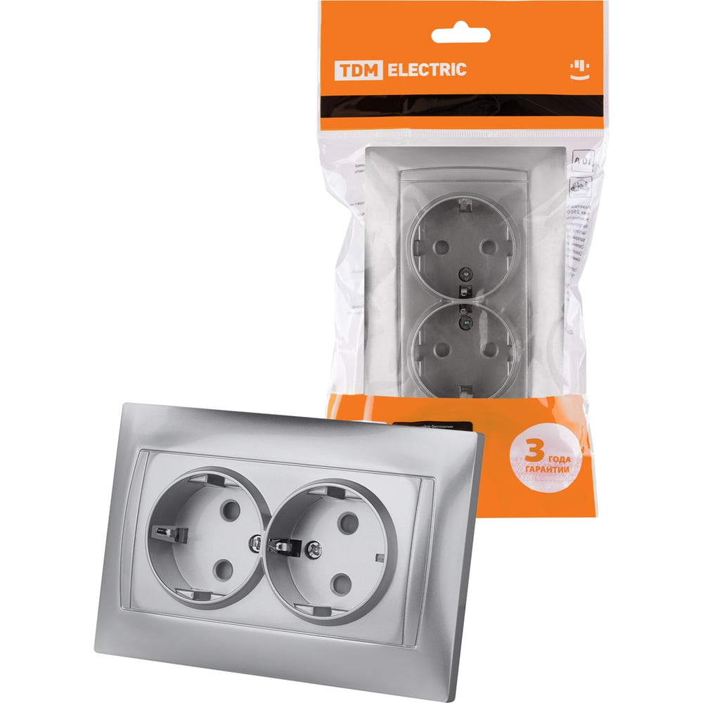Изображение товара Двойная силовая розетка со защитной шторкой 16А серебристый металлик TDM ELECTRIC Лама SQ1815-0213