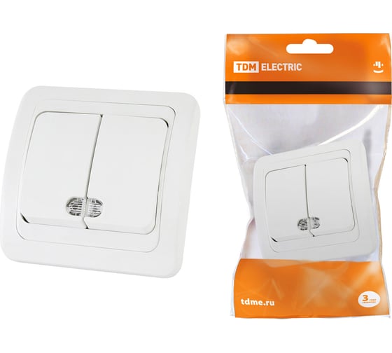 Изображение товара Двухклавишный выключатель TDM с подсветкой, белый Валдай SQ1804-0006