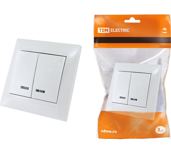 Изображение товара Двухклавишный выключатель TDM ELECTRIC с подсветкой, белый Лама SQ1815-0005