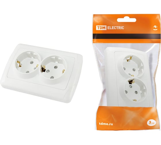 Изображение товара Розетка двойная белая с защитными шторками с заземлением 16А 250В серия "Онега" TDM ELECTRIC SQ1805-0013