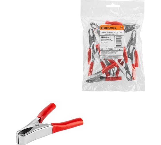 Изображение товара Зажим для проводов (крокодил) ЗК 15А TDM ELECTRIC 75мм красный упаковка 10 штук SQ0541-0011
