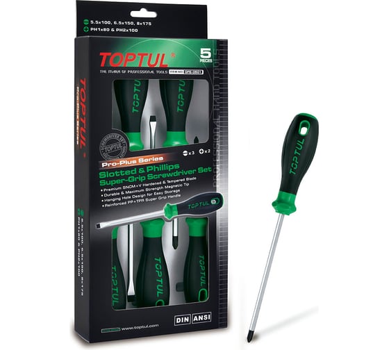 Изображение товара Набор отверток TOPTUL 5 предметов крест и шлиц в картоне, GFE-0501