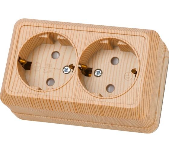 Изображение товара Розетка TDM ELECTRIC двойная 2П+З открытой установки с защитными шторками IP20 16А, сосна, серия "Ладога" SQ1801-0056