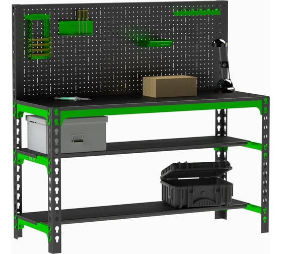 Изображение товара Металлический стол Metalex 750x1300x500 + две полки + перфопанель с комплектом аксессуаров SMMPIIPRIA751350