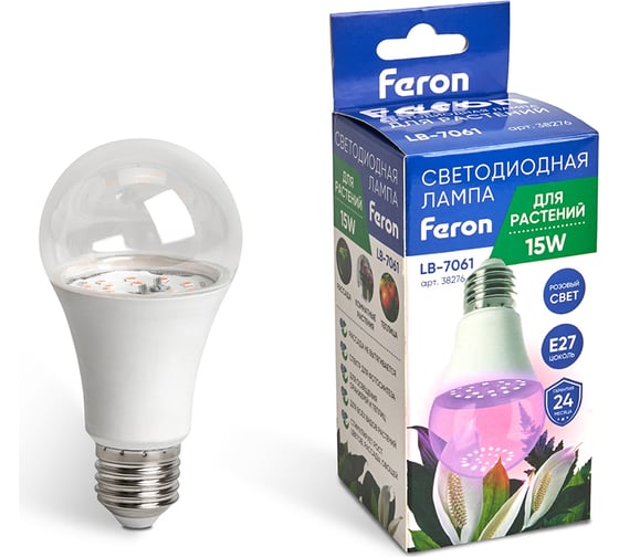 Изображение товара Cветодиодная лампа для растений FERON А60 LB-7060 E27, 15W, красно-синий спектр 38276