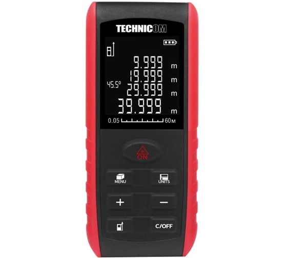 Изображение товара Лазерный дальномер-угломер TECHNICOM дальность 60м, цвет лазера красный, 2 точки отсчёта TC-DAM60R