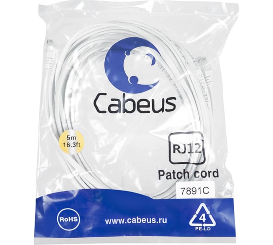 Изображение товара Телефонный патч-корд Cabeus 2x6р4с, белый, PVC, 5 м PC-TEL-RJ12-5m