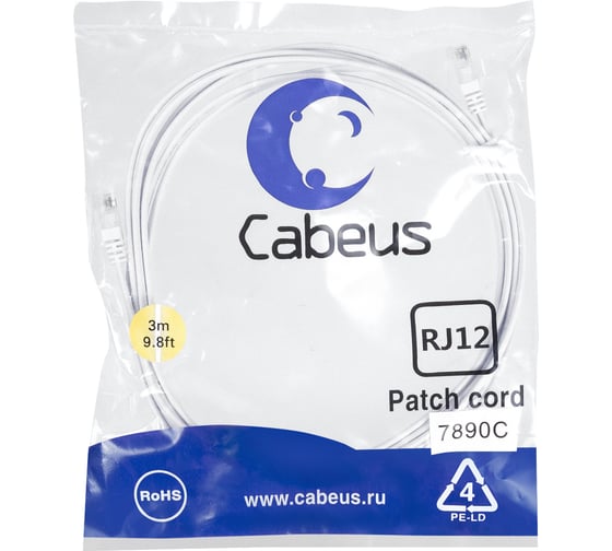 Изображение товара Телефонный патч-корд Cabeus 2x6р4с, белый, PVC, 3 м PC-TEL-RJ12-3m