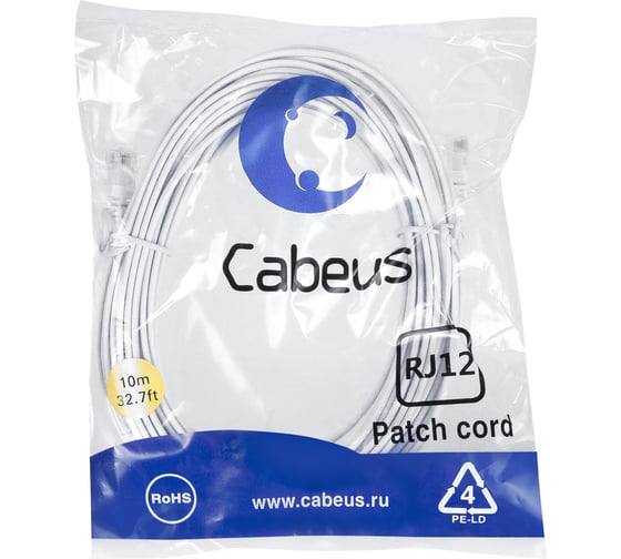 Изображение товара Телефонный патч-корд Cabeus 2x6р4с, белый, PVC, 10 м PC-TEL-RJ12-10m