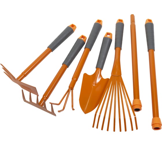 Изображение товара Набор POLYAGRO совок, грабли 5-зубые, веерные, мотыжка комбинированная, рыхлитель, 2 удлиненные рукоятки 7661705