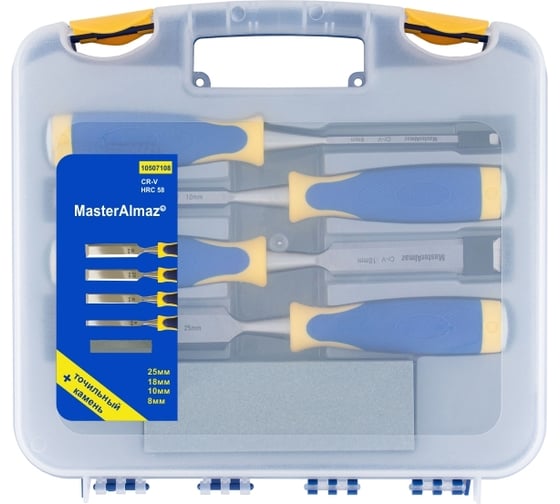 Изображение товара Набор стамесок МастерАлмаз в пластиковом кейсе, 8, 10, 18, 25 мм + точильный камень 10507108