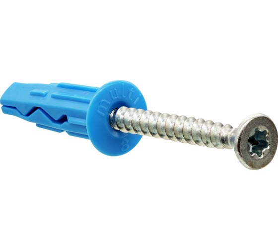 Изображение товара Универсальный нейлоновый дюбель ЕВРОПАРТНЕР синий, multi pro, 8x32 мм, шуруп multi потайная голова, tx25, zn, 4,5x40 мм + бита tx, 12 шт. RB3 0137