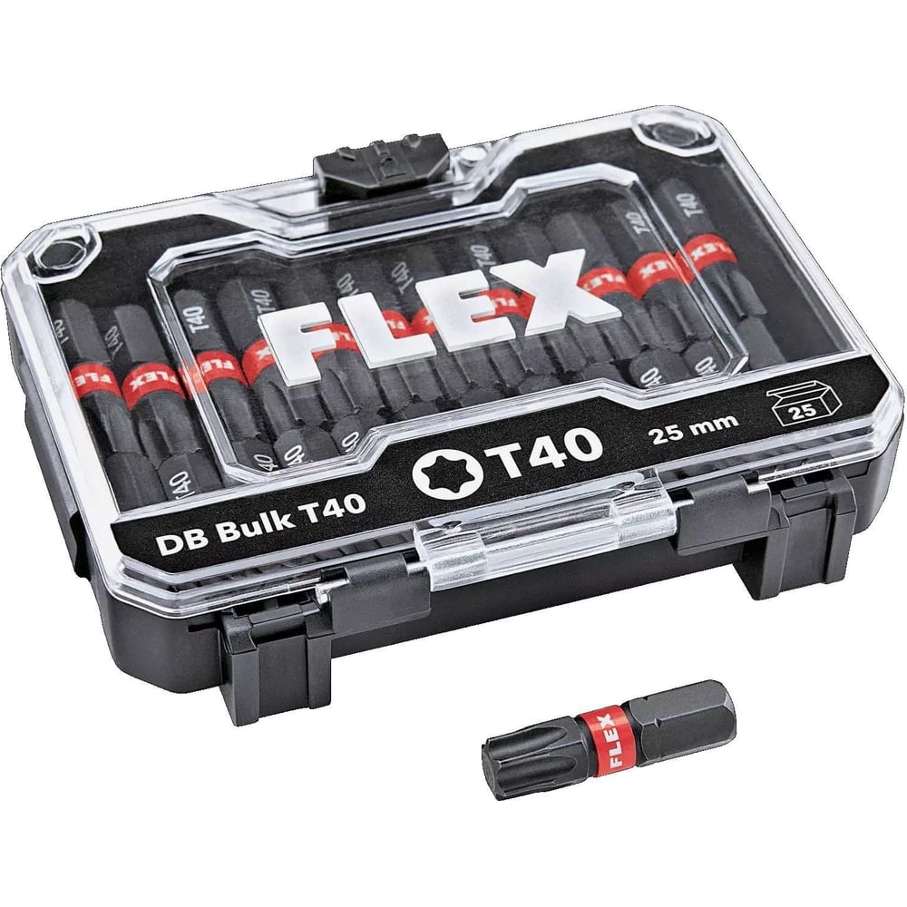 FLEX Набор бит DB Bulk T40 530493 состоит из 25 высококачественных бит: 1" (25 мм). Практичный набор бит в запирающемся футляре.Есть возможность поместить в коробку FLEX DB 41 E и создать индивидуальный набор.