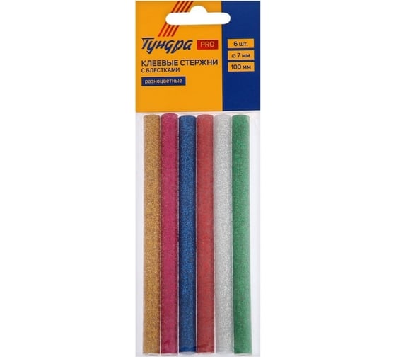 Изображение товара Клеевые стержни PRO 6 шт, 7x100 мм, разноцветные с блестками ТУНДРА 7474550