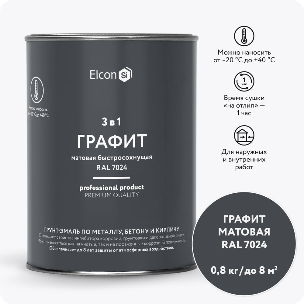 Изображение товара Быстросохнущая грунт-эмаль по ржавчине, металлу 3 в 1 Elcon графит, 0.8 кг 00-00463005