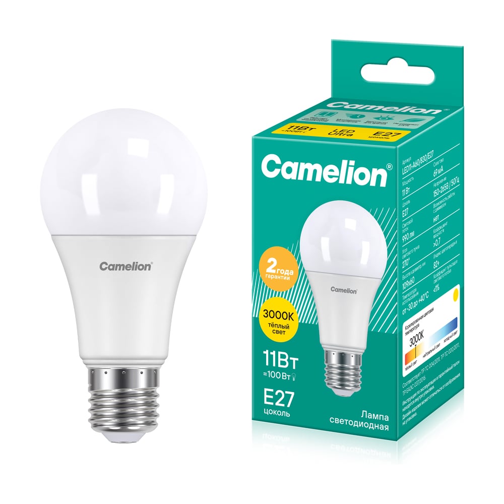 Изображение товара Светодиодная лампа 11Вт 220В Camelion LED11-A60/830/E27 12035 Изображение товара Светодиодная лампа 11Вт 220В Camelion LED11-A60/830/E27 12035