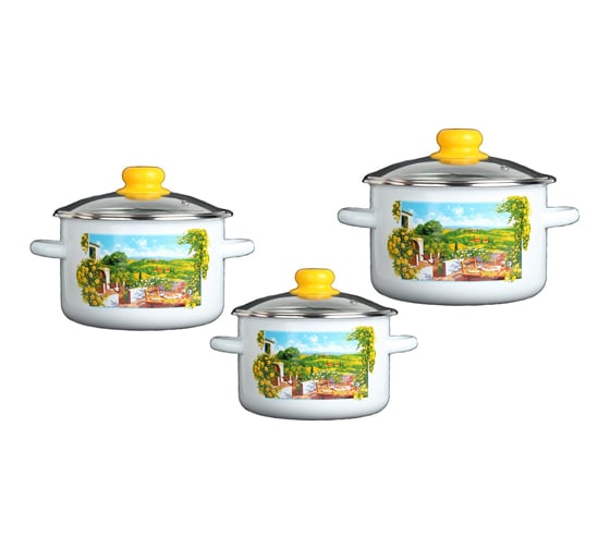 Изображение товара Набор эмалированной посуды Сибирские товары №35 белый Итальянский дворик, крышка стеклянная N35B99S СП4753