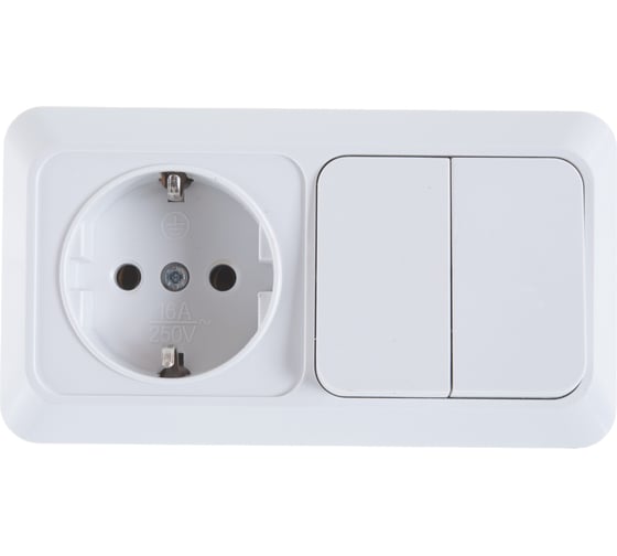 Изображение товара Горизонтальный блок: двухклавишный выключатель + розетка с заземлением, белый UNIVersal Олимп О0033