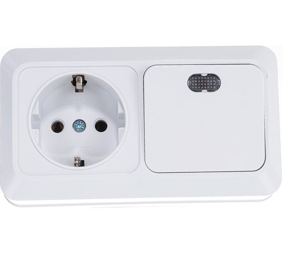 Изображение товара Горизонтальный блок: одноклавишный выключатель c подсветкой + розетка с заземлением, белый UNIVersal Олимп О0036