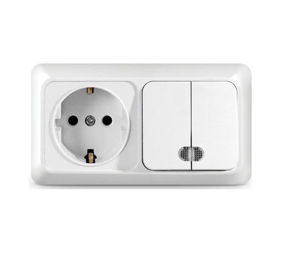 Изображение товара Горизонтальный блок: двухклавишный выключатель c подсветкой + розетка с заземлением, белый UNIVersal Олимп О0037