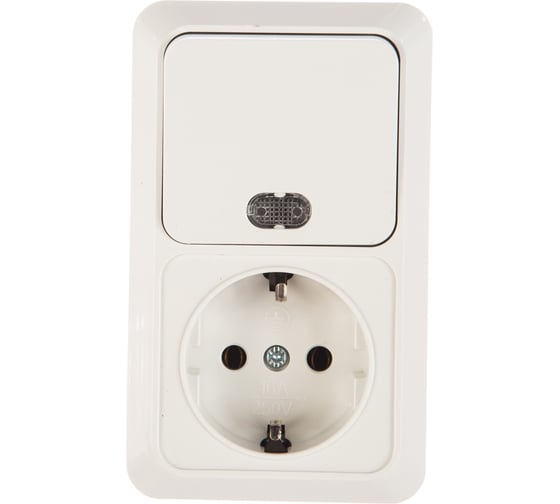 Изображение товара Вертикальный блок: одноклавишный выключатель c подсветкой + розетка с заземлением, белый UNIVersal Олимп О0039