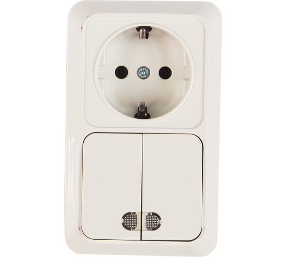Изображение товара Вертикальный блок: двухклавишный выключатель c подсветкой + розетка с заземлением, белый UNIVersal Олимп О0041