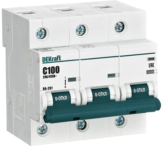 Изображение товара Автоматический выключатель (АВ) DEKraft ВА-201, 3 Р, тип C, 100 А, 10 кА 13009DEK