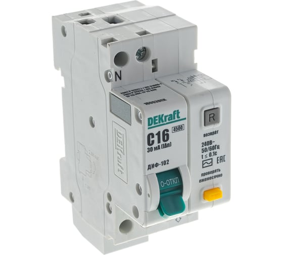 Изображение товара Автоматический выключатель дифференциального тока (АВДТ) DEKraft ДИФ-102, 1 Р+N, хар-ка C, 16 A, 30 мА, тип AC, 4.5 кА 16003DEK