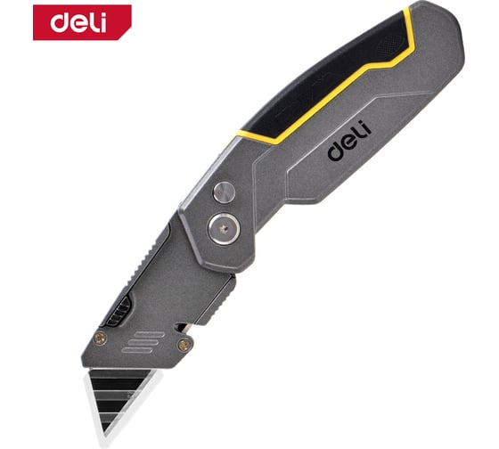 Изображение товара Строительный складной нож DELI dl006z с т-образным лезвием, (4 лезвия и биты PH2 и SL6 в комплекте, сталь SK2, рукоятка из цинкового сплава, функция отвертки) 112178