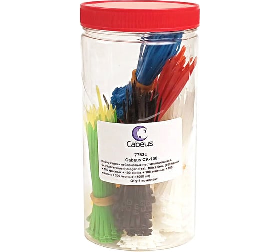 Изображение товара Набор неоткрывающихся стяжек Cabeus 100x2.5 мм (400 белых + 100 красных + 100 синих + 100 зеленых + 100 желтых + 200 черных) 1000 шт. CK-100