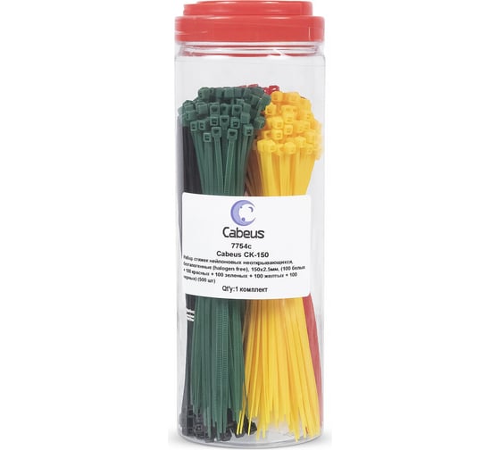 Изображение товара Набор неоткрывающихся стяжек Cabeus 150x2.5 мм, (100 белых + 100 красных + 100 зеленых + 100 желтых + 100 черных) 500 шт. CK-150