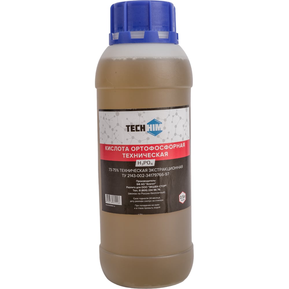 Изображение товара Кислота ортофосфорная техническая 0.5 л, 72-75%, класс А TECHHIM TH-KIOR-75-500