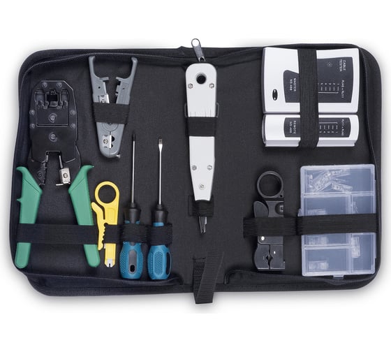 Изображение товара Набор инструментов Cabeus инструмент обжимной, инструмент для заделки витой пары, зачистки, отвертки, тестер, коннекторы HT-TK-01