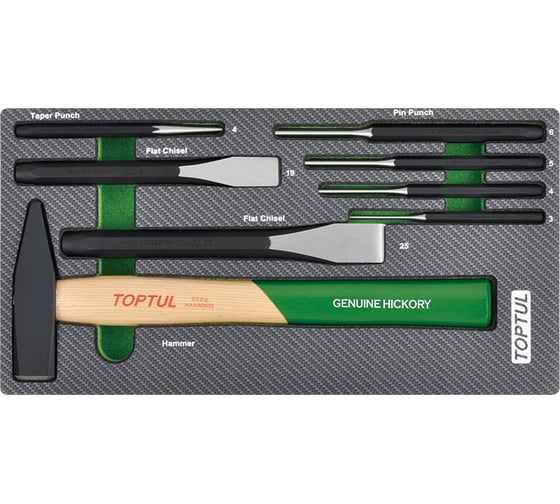 Изображение товара Набор инструментов TOPTUL молоток, выколотки и зубила, 8 предметов, в мягком ложементе GEA0811