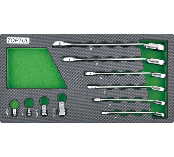 Изображение товара Набор комбинированных трещоточных ключей TOPTUL 8-19 мм, 10 предметов, в мягком ложементе GEA1001