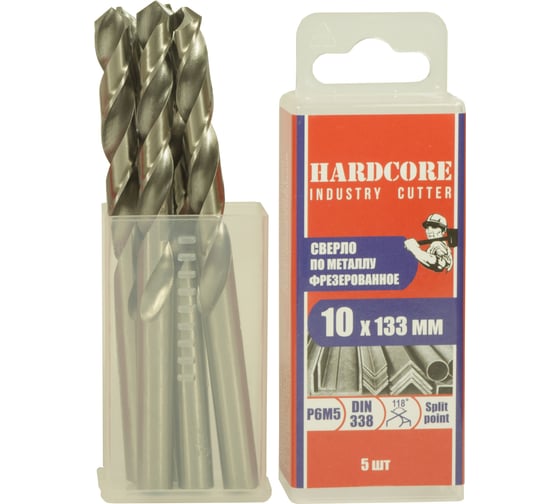 Изображение товара Сверло фрезерованное по металлу Industry cutter Р6М5, 10x133 мм, 5 шт Hardcore 146100