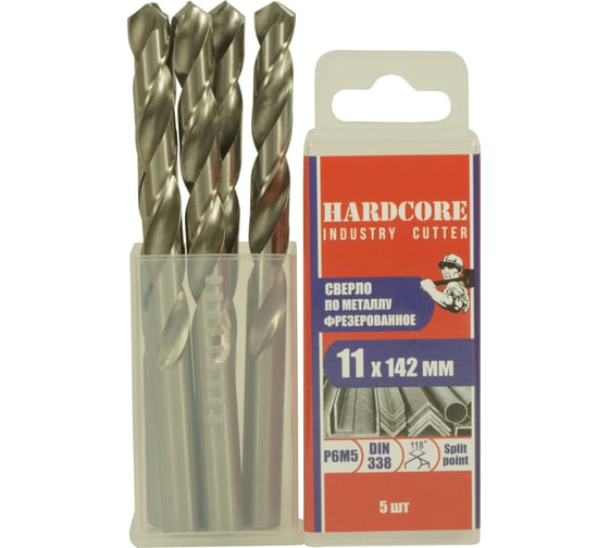 Изображение товара Сверло фрезерованное по металлу Industry cutter Р6М5, 11x142 мм, 5 шт Hardcore 146110