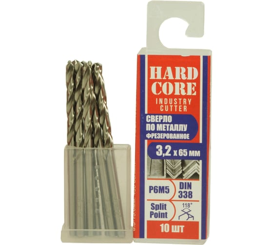 Изображение товара Сверло фрезерованное по металлу Industry cutter Р6М5, 3.2x65 мм, 10 шт Hardcore 146032