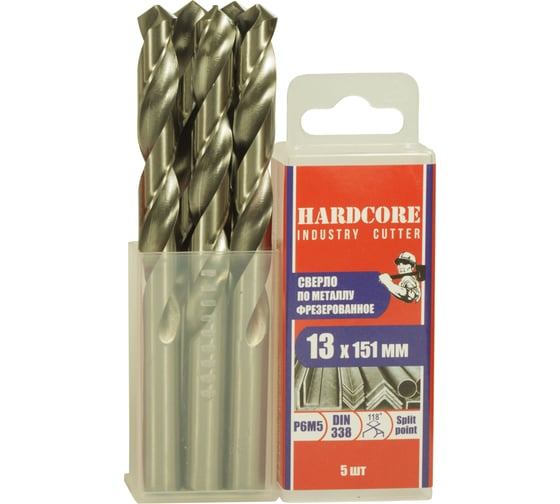 Изображение товара Сверло фрезерованное по металлу Industry cutter Р6М5, 13x151 мм, 5 шт Hardcore 146130