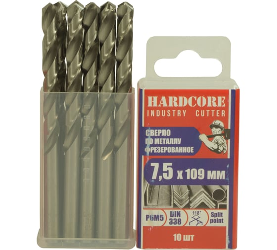 Изображение товара Сверло фрезерованное по металлу Industry cutter Р6М5, 7.5x109 мм, 10 шт Hardcore 146075