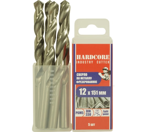 Изображение товара Сверло фрезерованное по металлу Industry cutter Р6М5, 12x151 мм, 5 шт Hardcore 146120