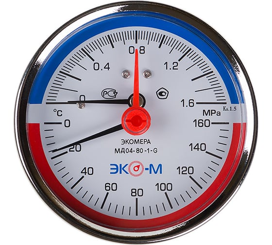 Изображение товара Термоманометр ЭКО-М Экомера с переходником на G1/2 осевой МД04-80-G-1,6МПа-160-L-60-ОИ