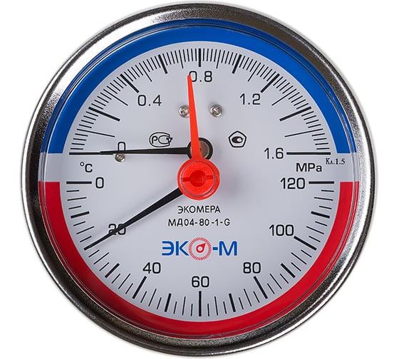 Изображение товара Термоманометр ЭКО-М Экомера с переходником на G1/2 осевой МД04-80-G-1,6МПа-120-L-40-ОИ