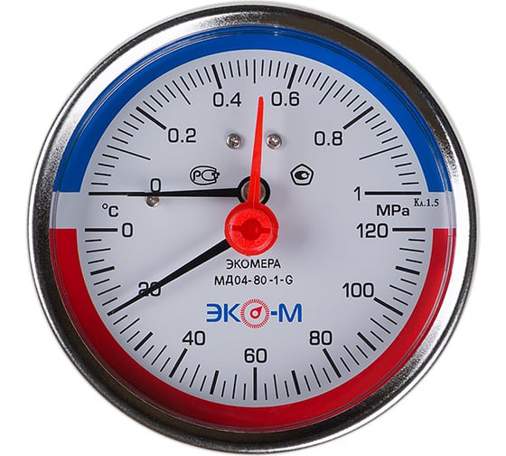 Изображение товара Термоманометр ЭКО-М Экомера с переходником на G1/2 осевой МД04-80-G-1МПа-120-L-40-ОИ
