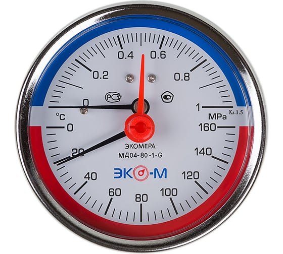 Изображение товара Термоманометр ЭКО-М Экомера с переходником на G1/2 осевой МД04-80-G-1МПа-160-L-40-ОИ