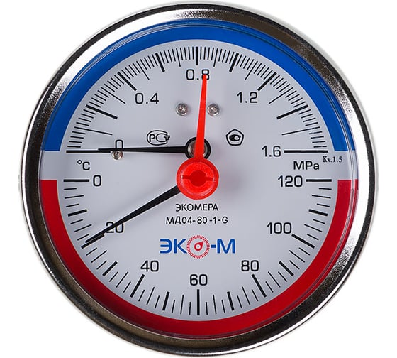 Изображение товара Термоманометр ЭКО-М Экомера с переходником на G1/2 осевой МД04-80-G-1,6МПа-120-L-60-ОИ